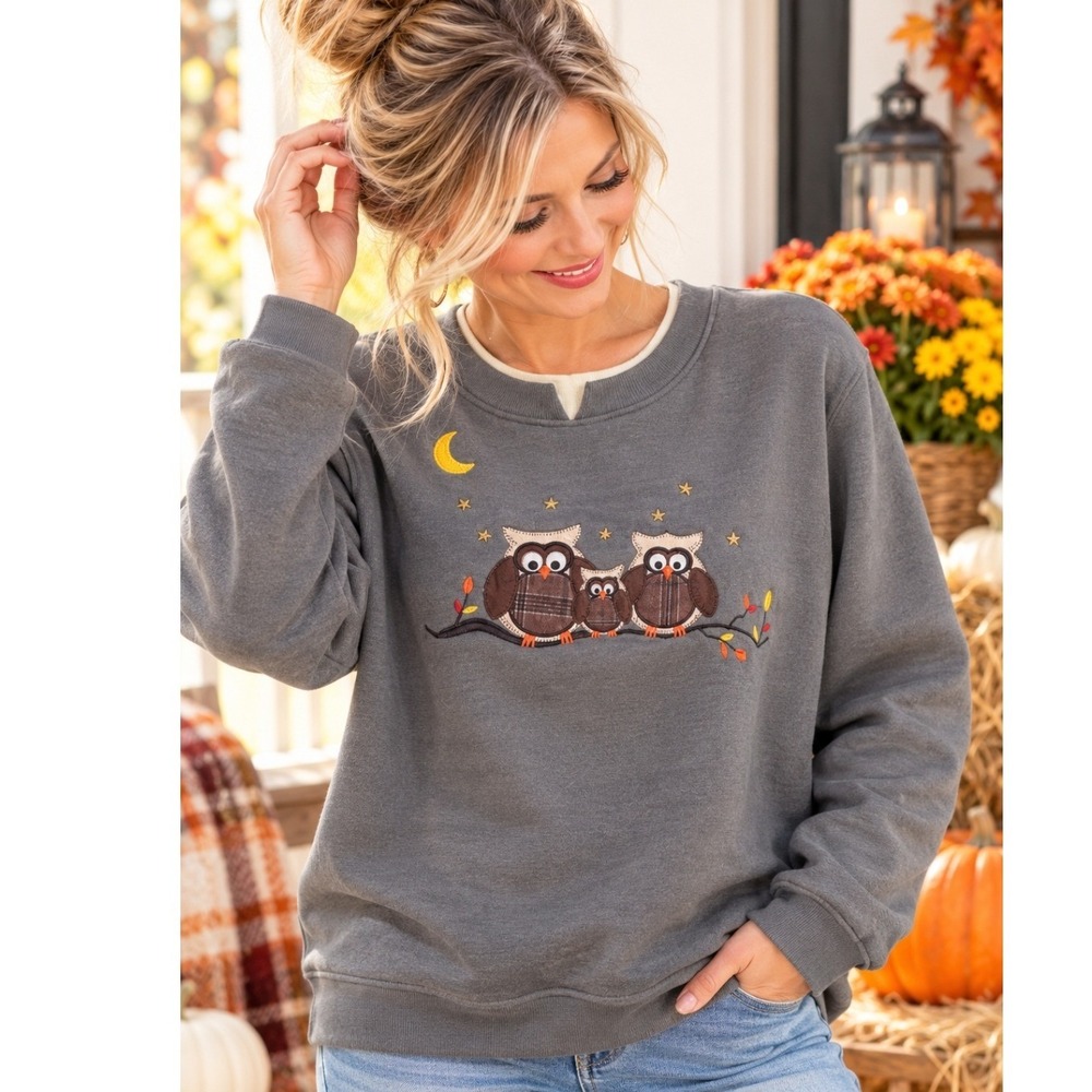 Rebecca Malone Sweatshirt Gray Owl Applique Large Layered Neckline Pullover New